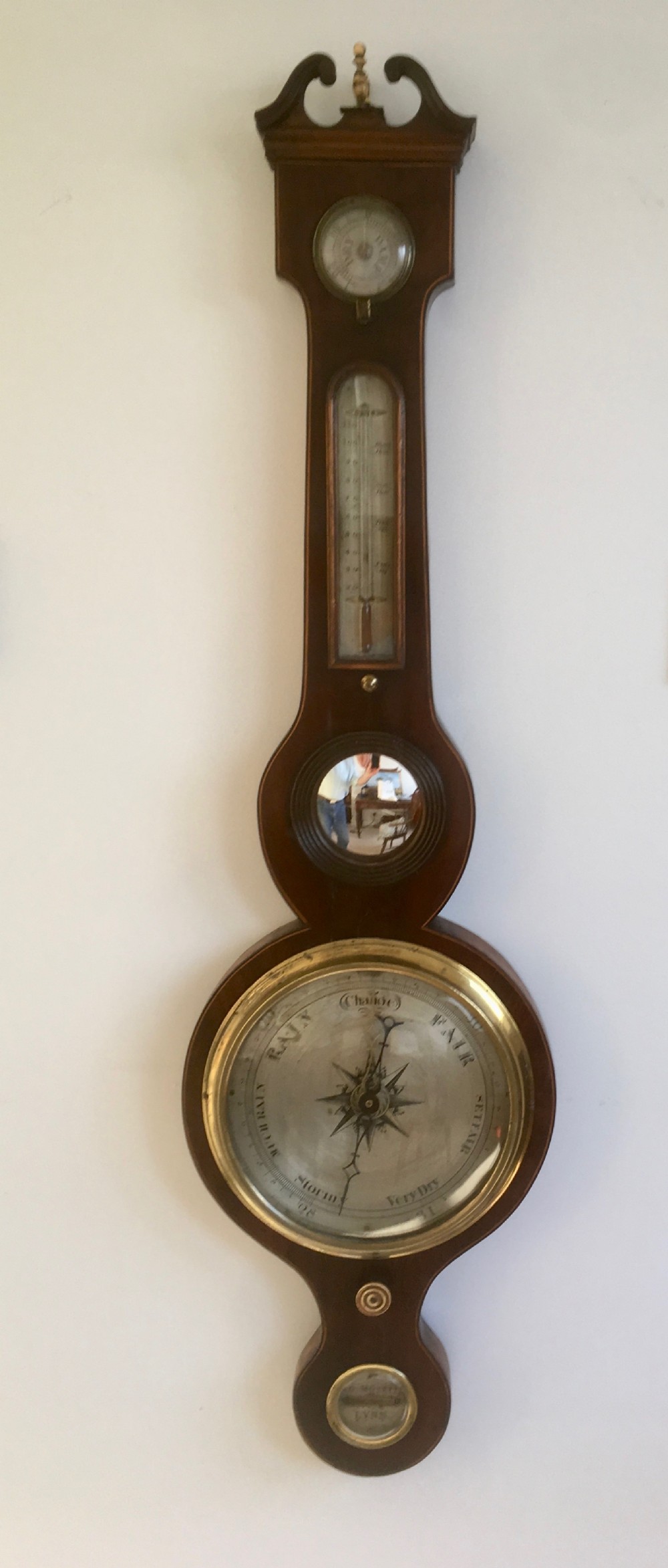 mahogany wheel barometer by j c moretti of king's lynn